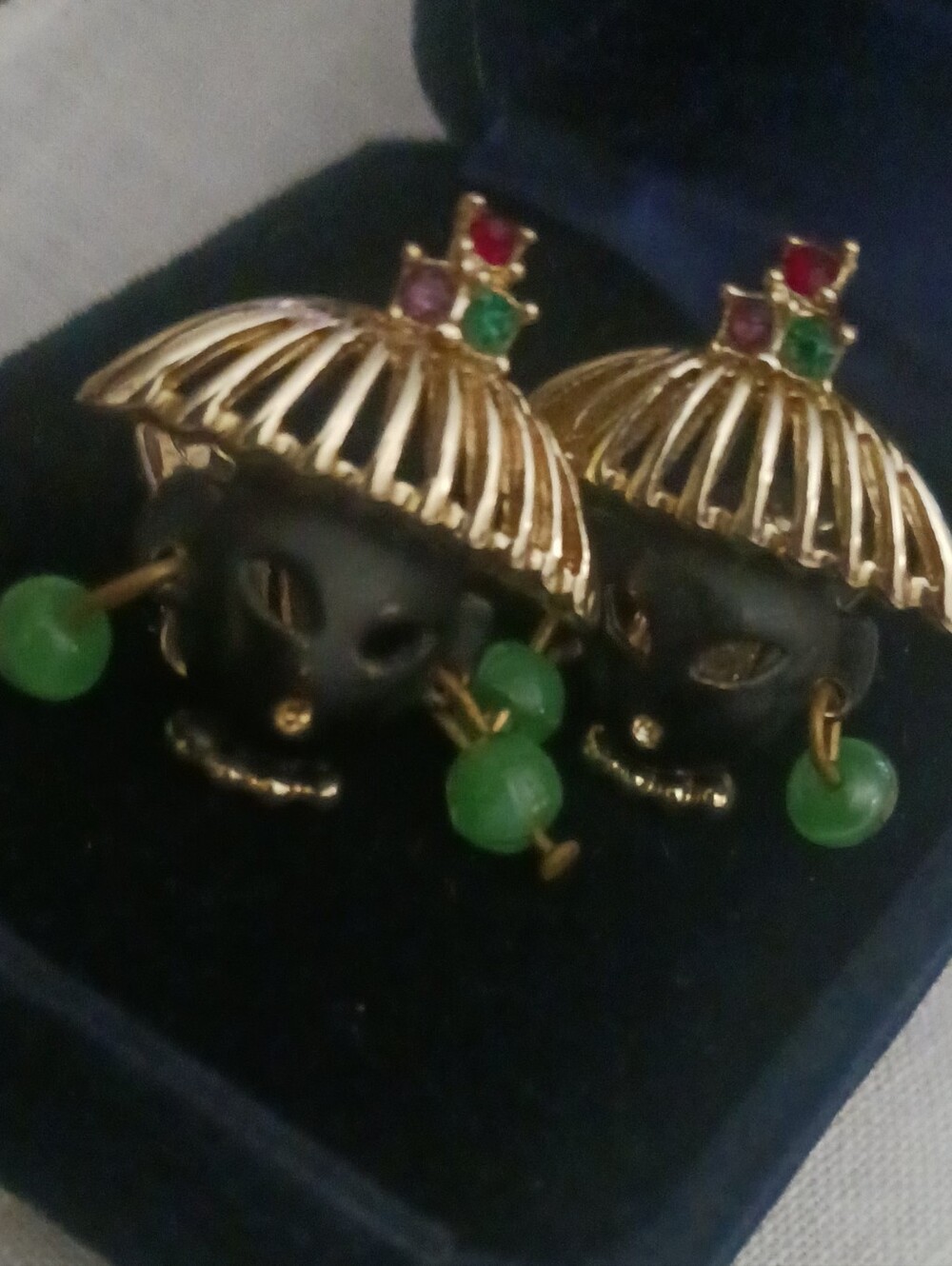 Blackamoor Style Vintage Tribal Earrings with Green Beads And Jewel Accents